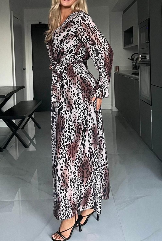 Wild Leopard Print Maxi Wrap Dress With Belted Waist