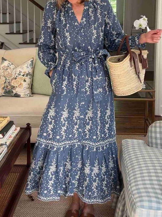 Embroidery Eyelet Ruffled Midi Dress