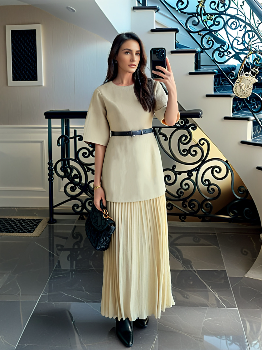 Belted Pleated Midi Dress