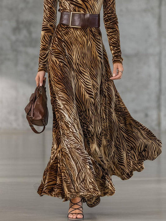 Luxury Velvet Tiger Print Mock Neck Maxi Dress