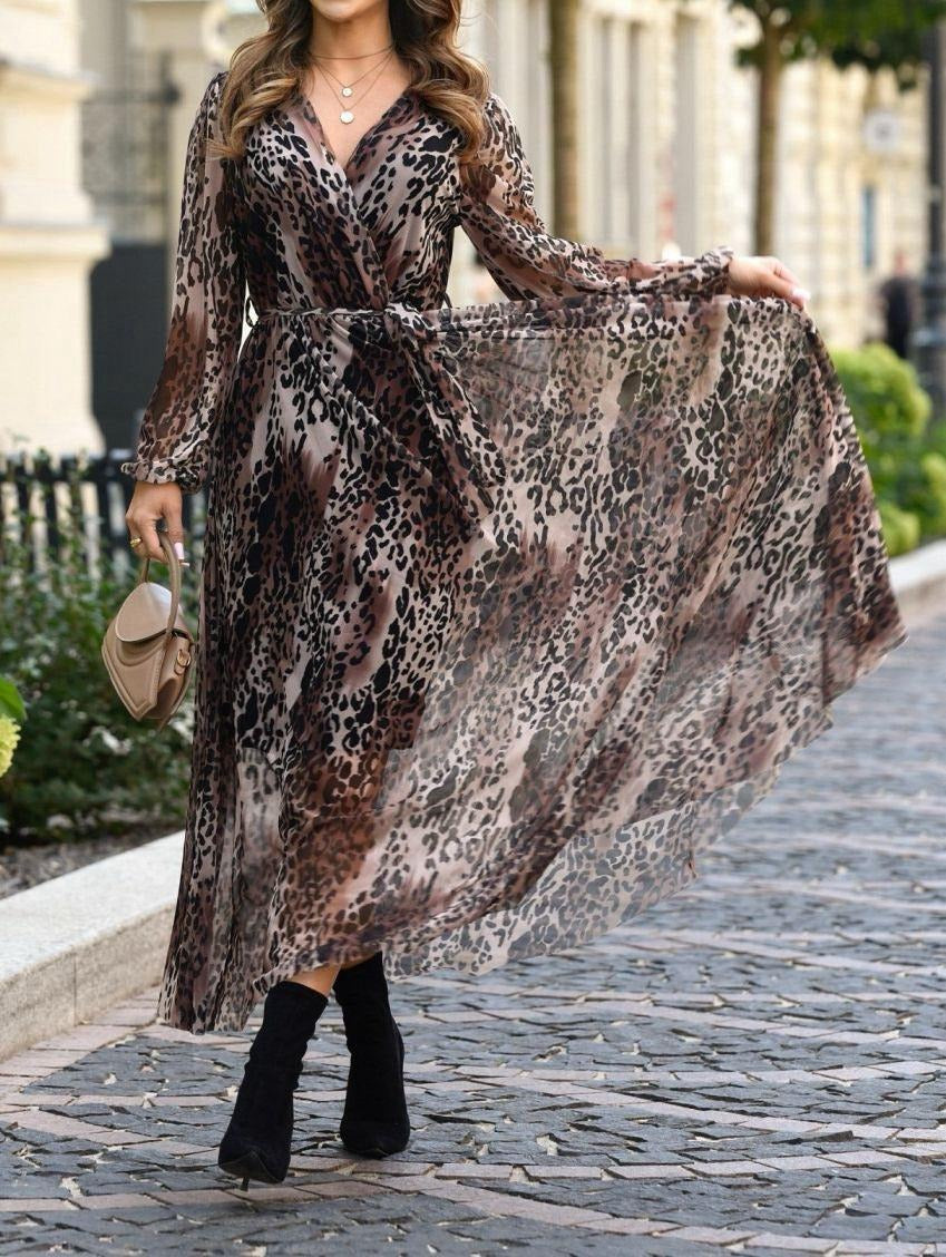Wild Leopard Print Maxi Wrap Dress With Belted Waist