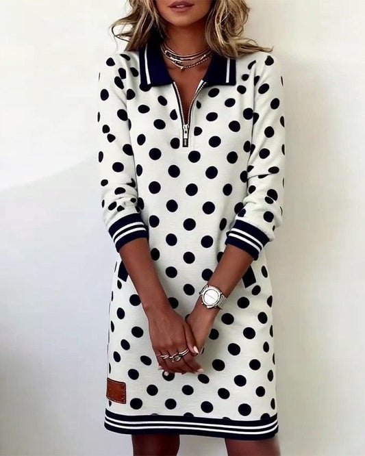 Modern Polka Dot Mini Dress With Half-Zip Collar