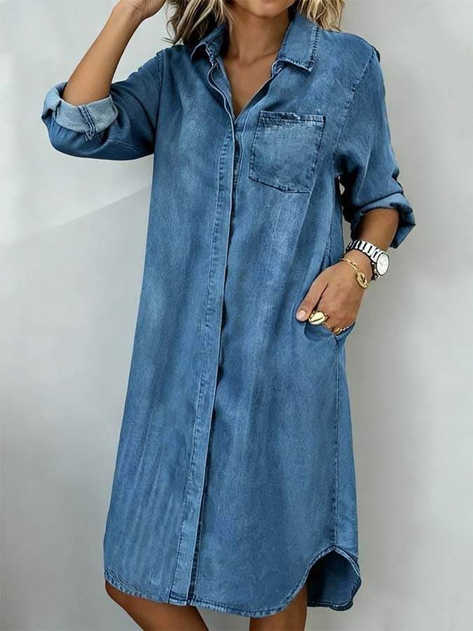 Denim Shirt Mini Dress – Button-Down with Relaxed Fit and Front Pocket