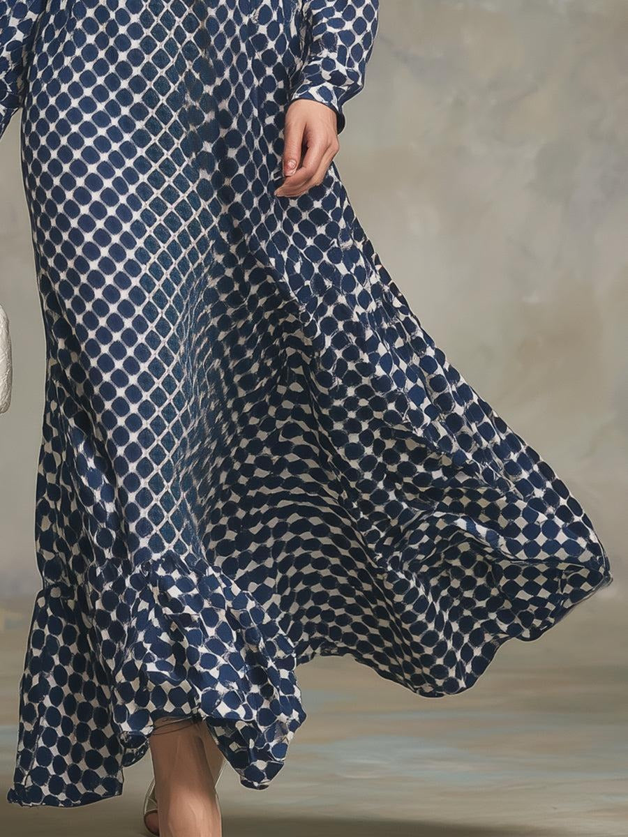 Blue Polka Dot Maxi Dress – Long Sleeve, Deep V-Neck with Draped Waist