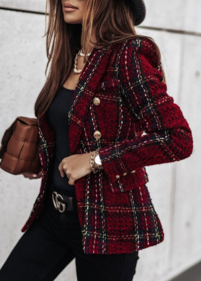Red Long Sleeve Check Blazer