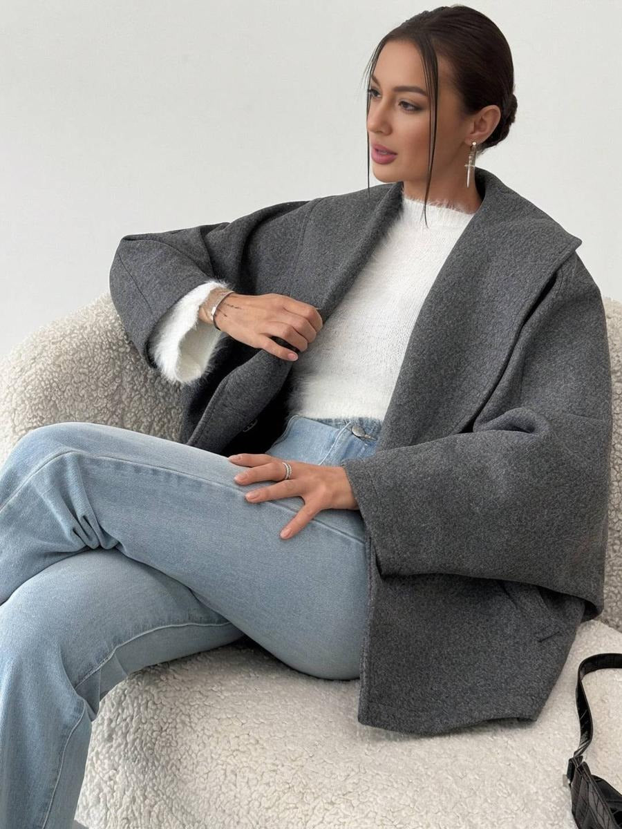 Gray Oversized Wool Coat with Wide Lapel