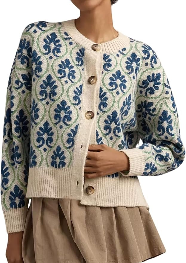 Women Floral Cardigan Sweater Open Front Long Sleeve Button Down Knit Sweater Vintage Outerwear