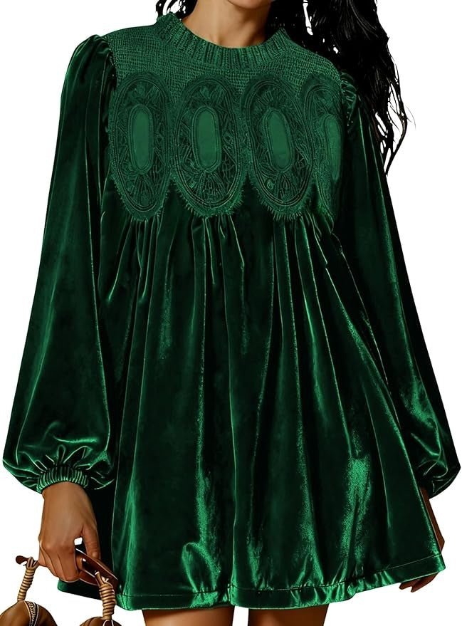 Womens A-Line Velvet Lace Overall Pleated Swing Babydoll Casual Skirtall Scallop Neck Flared Wedding Mini Dress