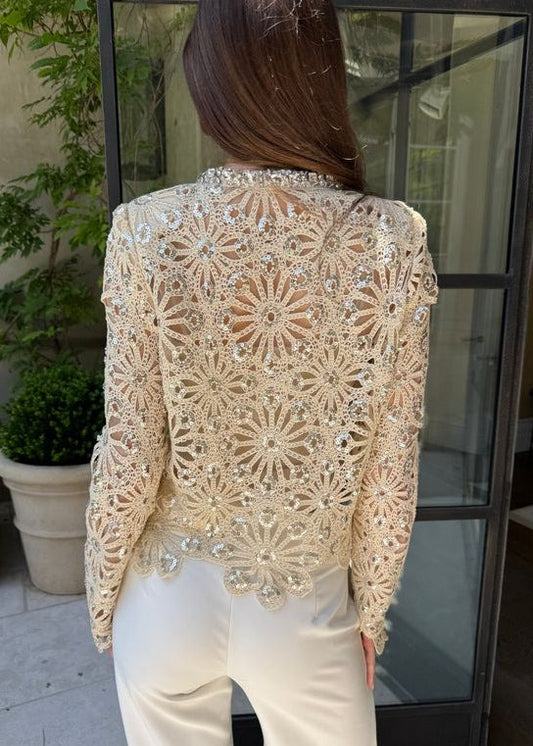 Rhinestone and Sequin Adorned Crochet Lace Cardigan Top