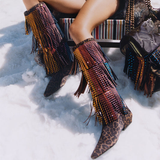 Fashion Crystal Embellished Fringe Western Boots