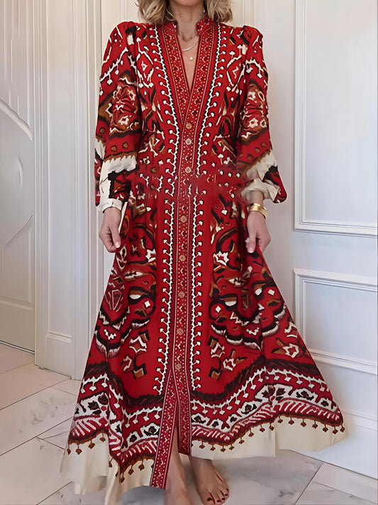 Printed Puff Sleeves V Neck Maxi Dress