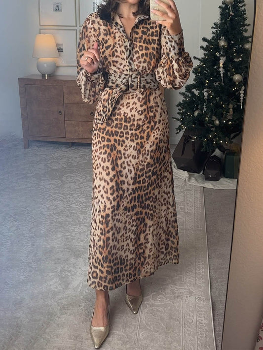 Belted Leopard Print Shirt Dress