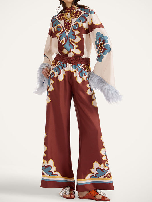 High Neck Feather Sleeve Two Pieces Set