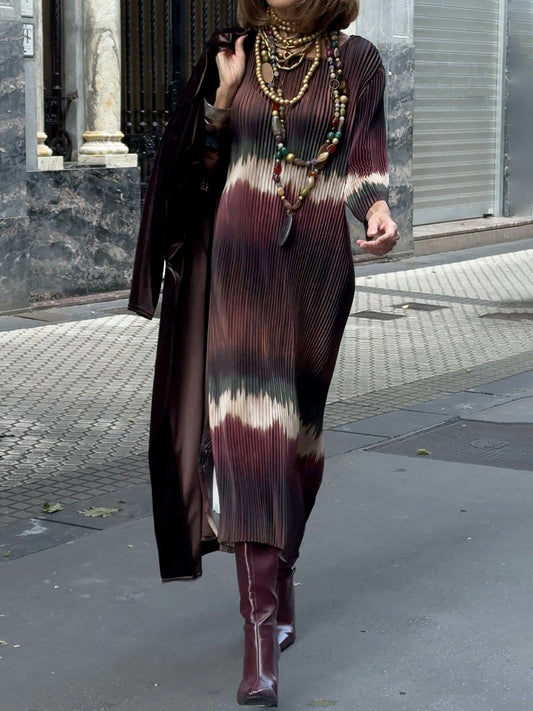 Printed Pleated Dress & Velvet Cardigan