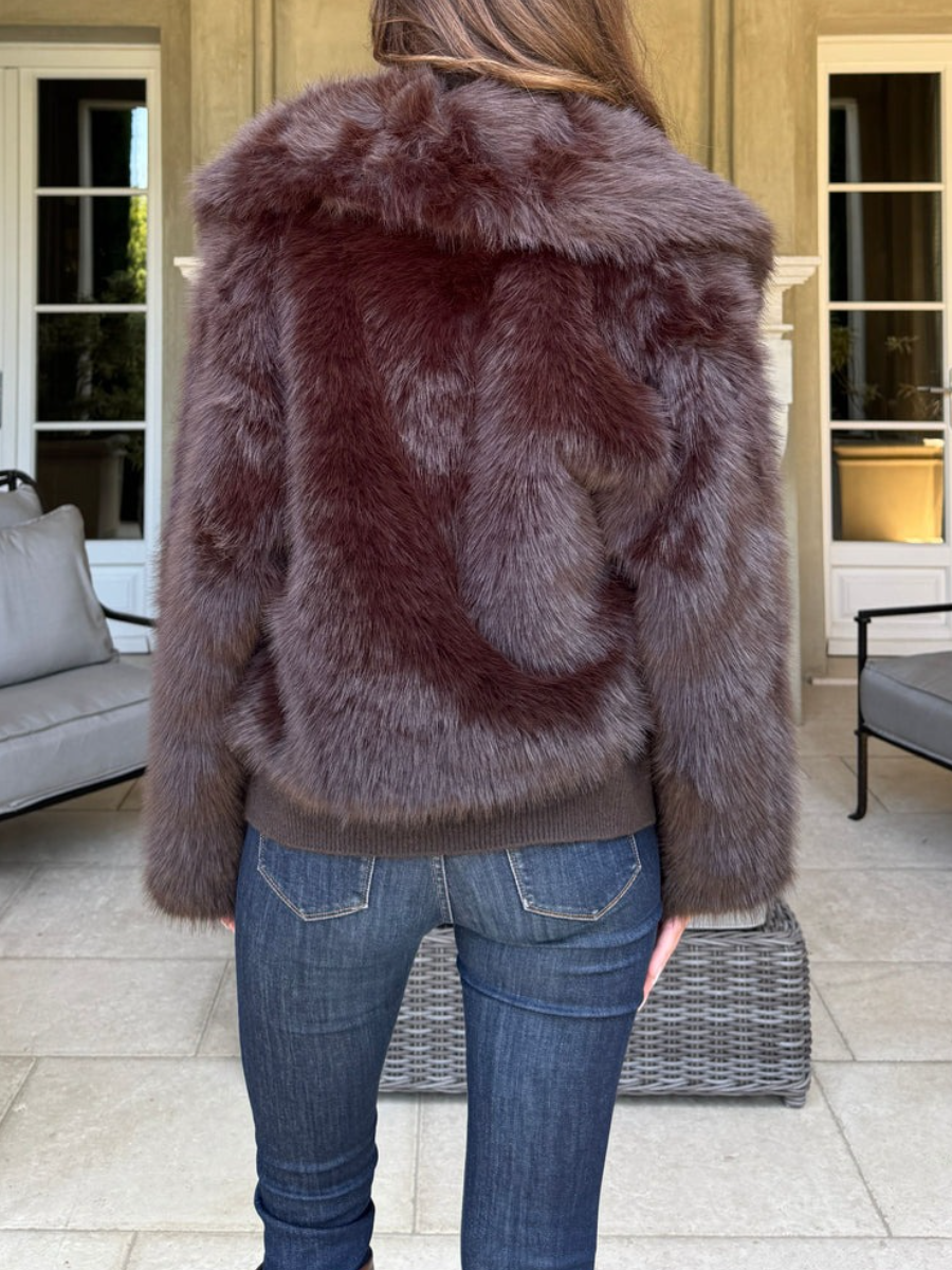 Chocolate Brown Collared Faux Fur Jacket