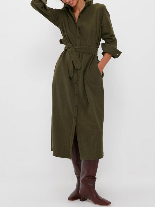 Olive Wide Wale Corduroy Tara Shirt Dress