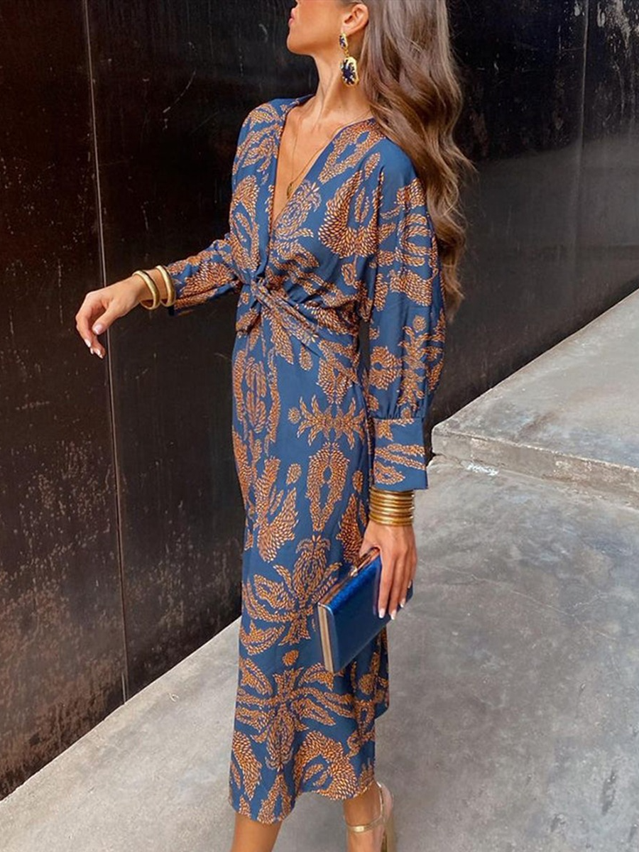 Groovy Blue Long Sleeve Midi Dress