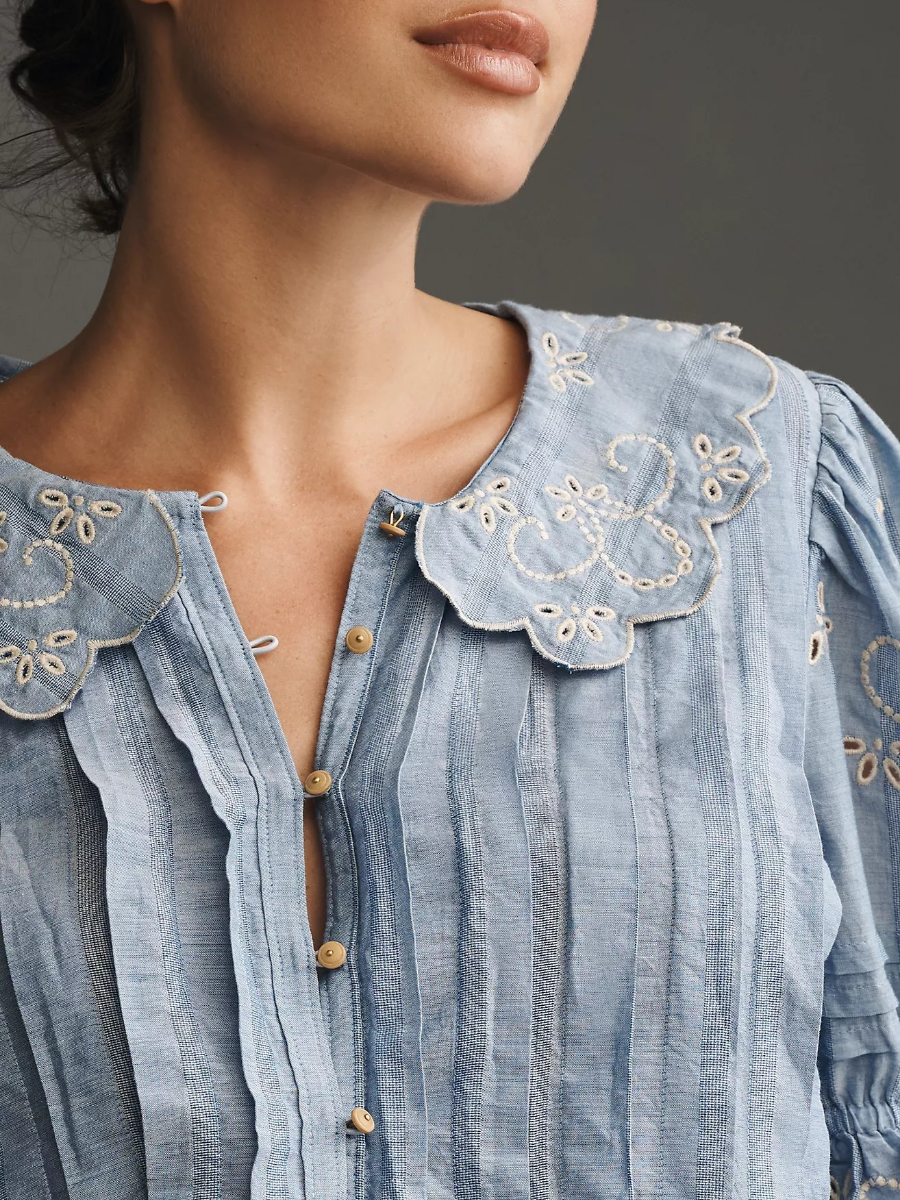 Short-Sleeve Collared Pleated Blouse