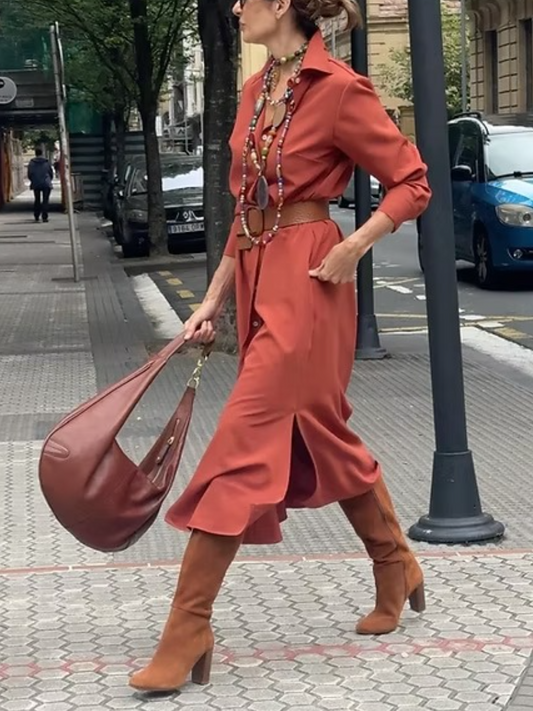 Collar Neck Long Sleeves Shirt Dress With Side Pockets