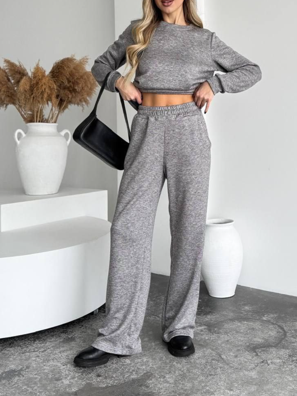 Knitted suit with wide pants two-piece suit