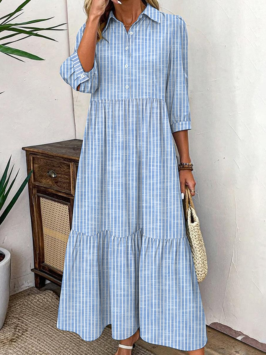 Breezy Striped Print 3/4 Sleeve Maxi Dress