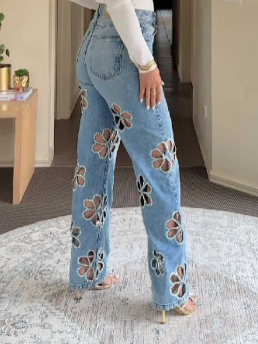 Ripped Rhinestone-modified Jeans