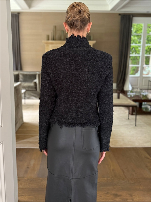 Cleo Cropped Black Shag Jacket with Gold Buttons