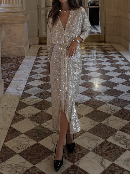 Elegant V Neck High Slit Sequin Dress