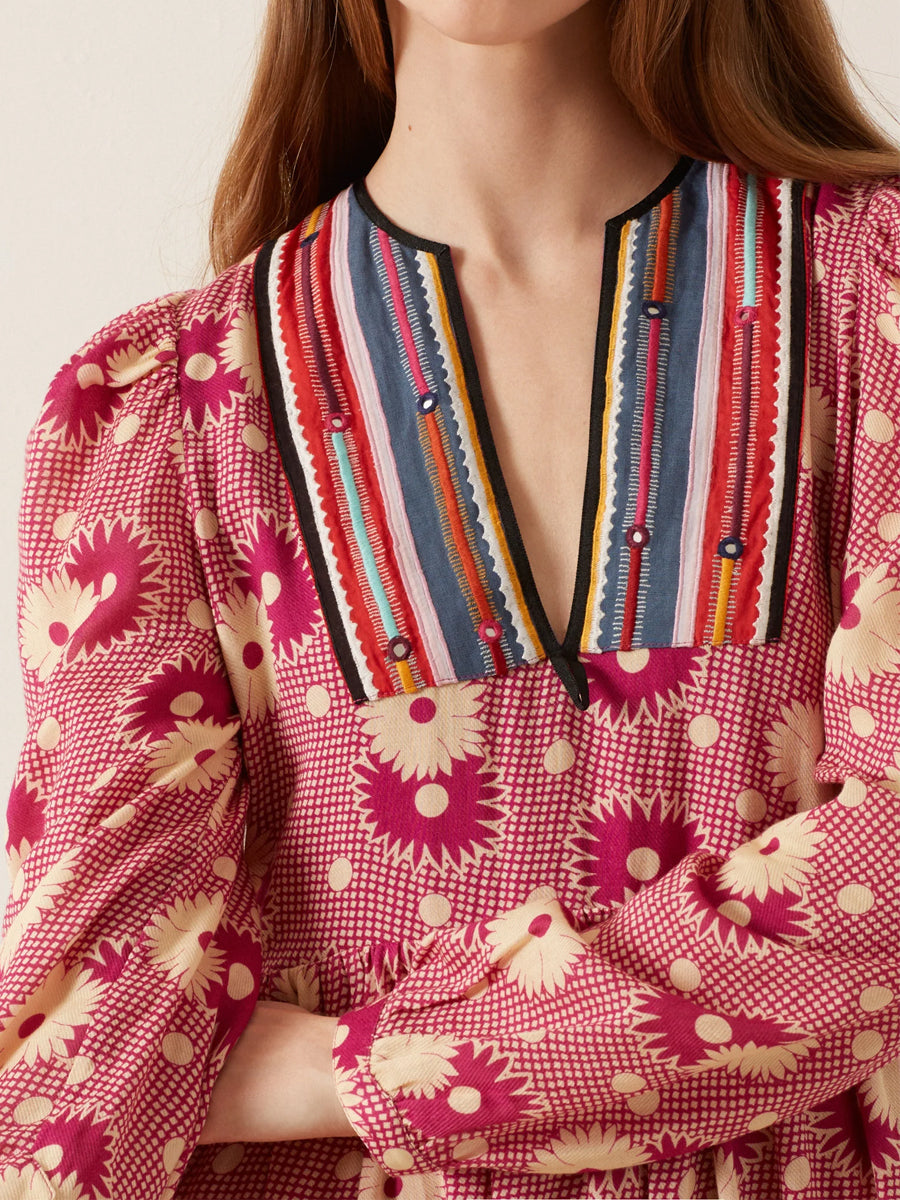 Floral Print V-neck Striped Trim Maxi Dress