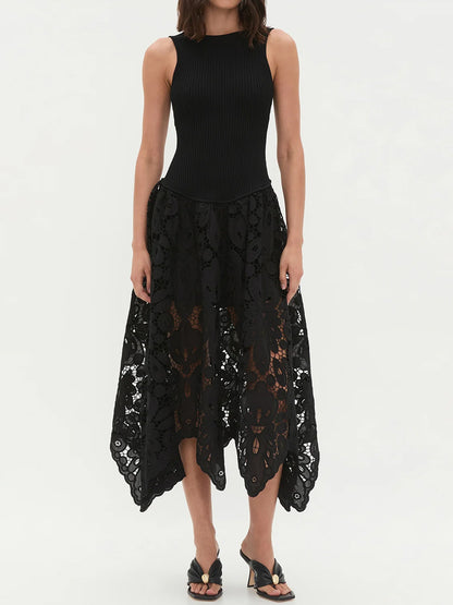 Asymmetric Ribbed-knit Lace Midi Dress