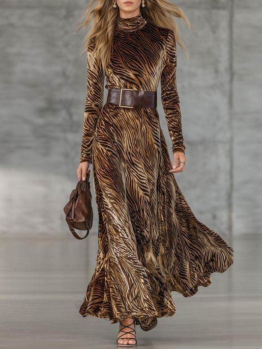 Luxury Velvet Tiger Print Mock Neck Maxi Dress