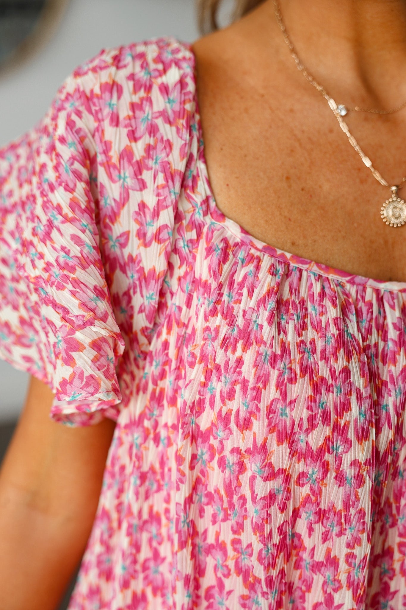 Pink Ditsy Floral Ruffle Sleeve Mini Dress