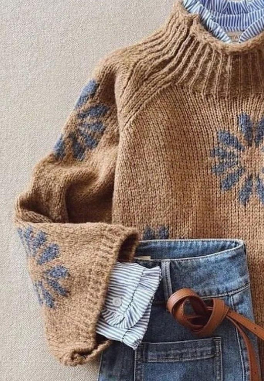 Retro Brown Mock Neck Long Sleeve Sweater