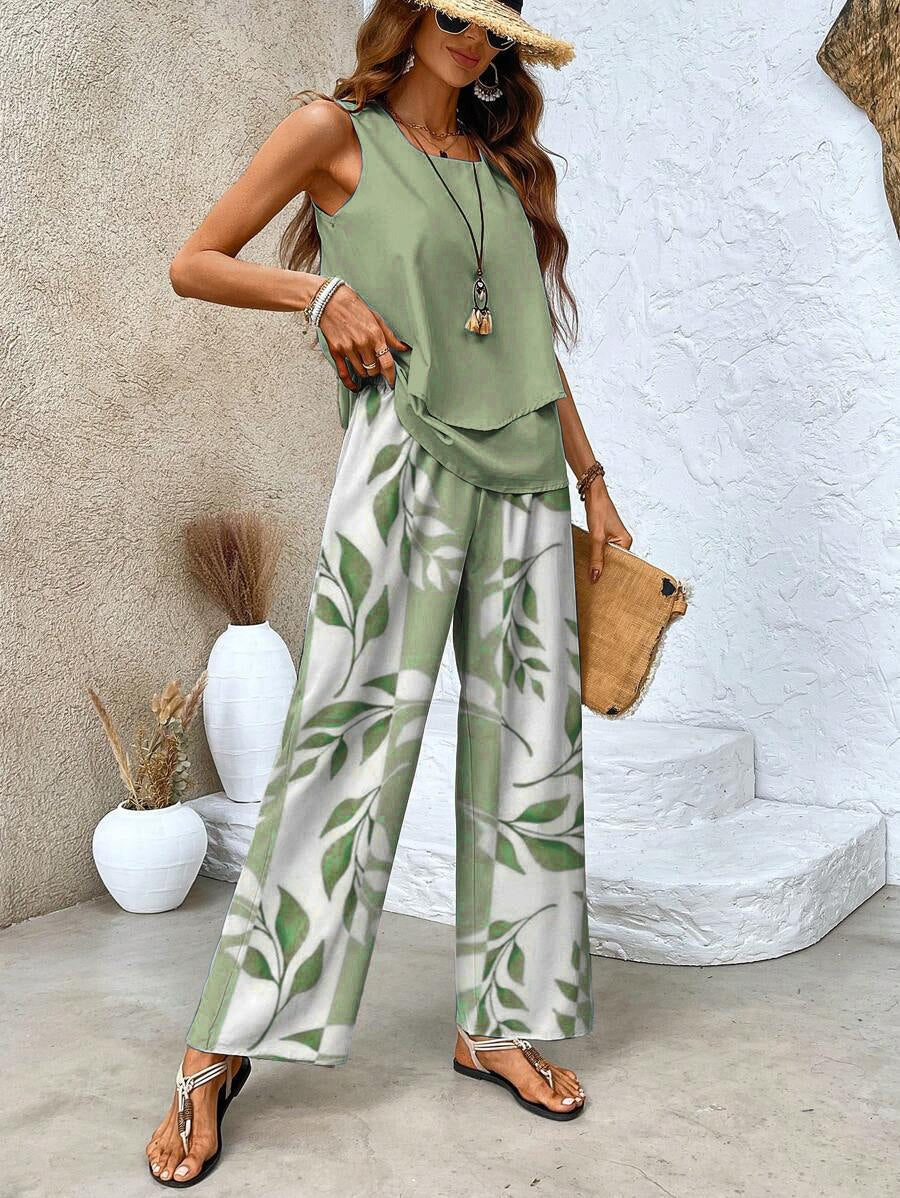 Green Plant Print Square Neck Two Piece Set