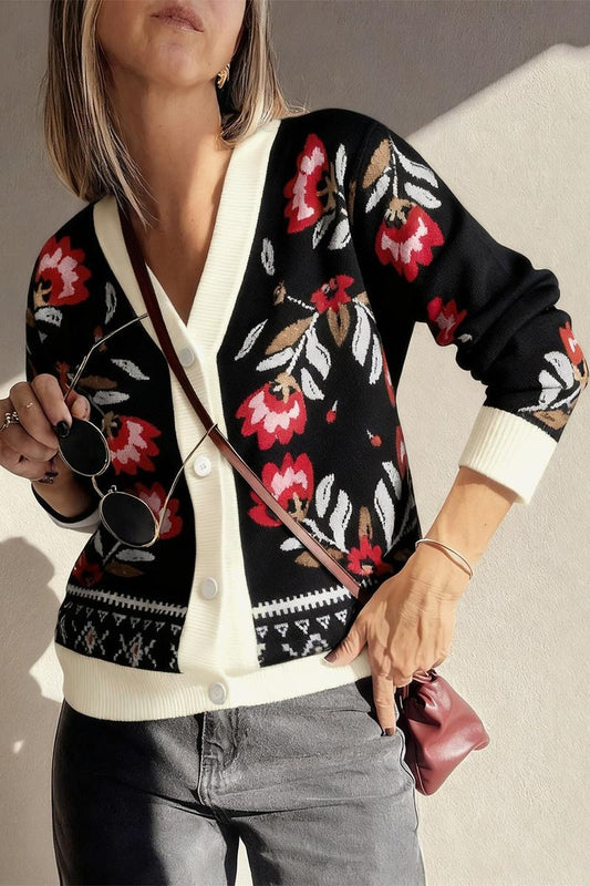 Chic Floral Knit Cardigan – Black With Vibrant Embroidered Pattern