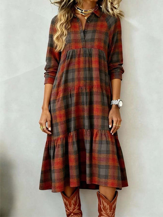 Trendy Red Long Sleeve Plaid Midi Dress