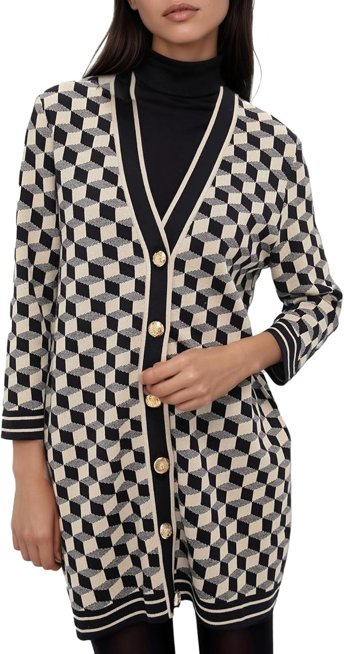 Women's Open Front Cardigan Sweaters Fashion Button Down 3/4 Sleeve Plaid Sweaters Lightweight Outwear Coats