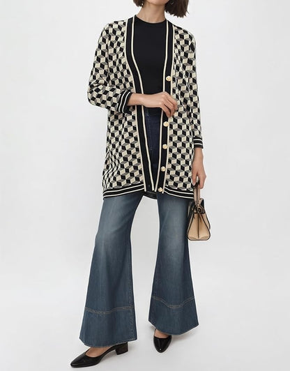 Women's Open Front Cardigan Sweaters Fashion Button Down 3/4 Sleeve Plaid Sweaters Lightweight Outwear Coats