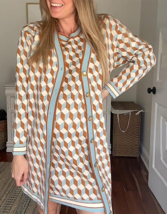 Women's Open Front Cardigan Sweaters Fashion Button Down 3/4 Sleeve Plaid Sweaters Lightweight Outwear Coats