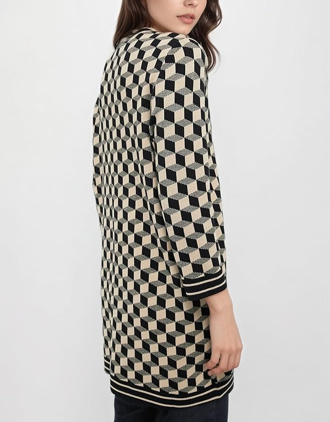 Women's Open Front Cardigan Sweaters Fashion Button Down 3/4 Sleeve Plaid Sweaters Lightweight Outwear Coats