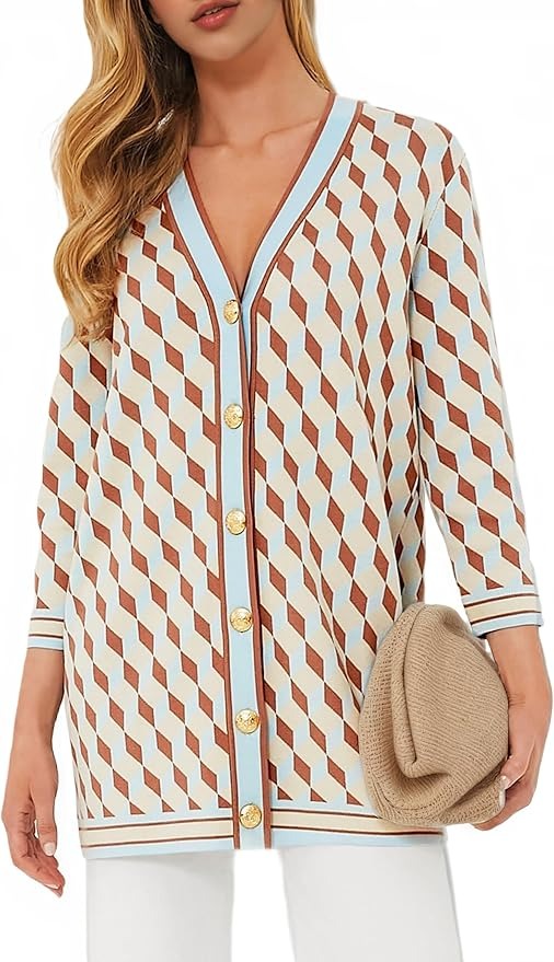 Women's Open Front Cardigan Sweaters Fashion Button Down 3/4 Sleeve Plaid Sweaters Lightweight Outwear Coats