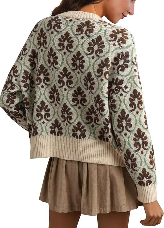 Women Floral Cardigan Sweater Open Front Long Sleeve Button Down Knit Sweater Vintage Outerwear