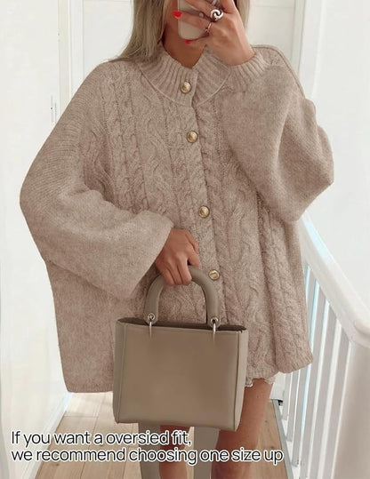 Women's Button Down Cardigan Sweaters Fall Lantern Long Sleeve Mock Neck Chunky Knit Outerwear Coat