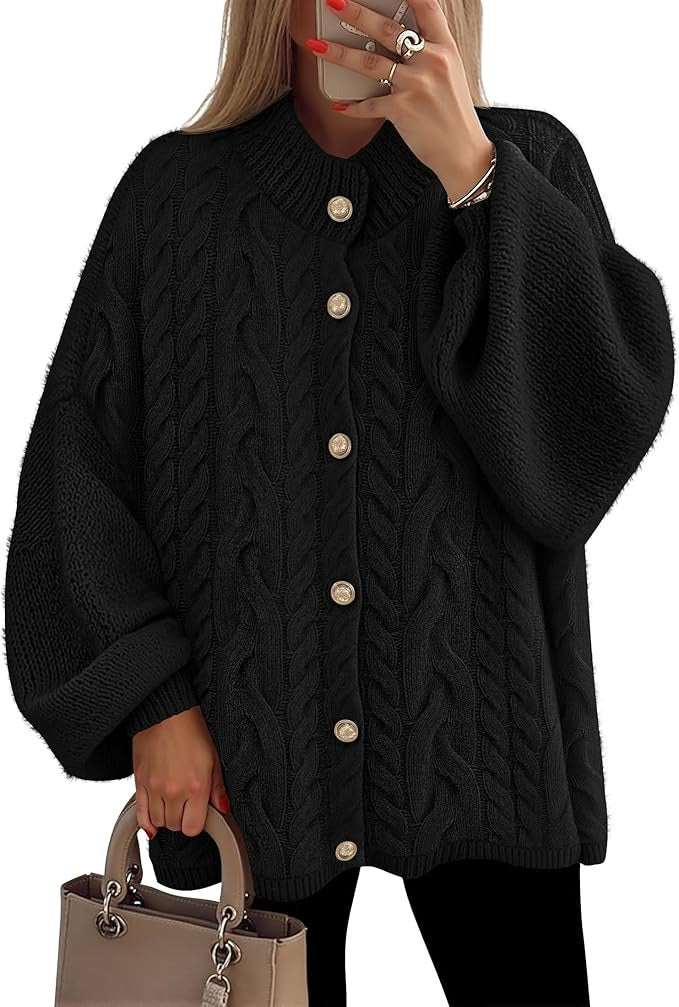 Women's Button Down Cardigan Sweaters Fall Lantern Long Sleeve Mock Neck Chunky Knit Outerwear Coat