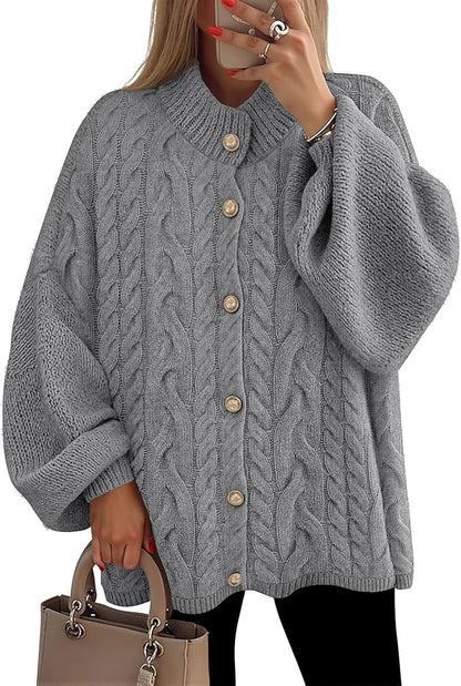 Women's Button Down Cardigan Sweaters Fall Lantern Long Sleeve Mock Neck Chunky Knit Outerwear Coat