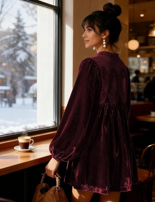 Womens A-Line Velvet Lace Overall Pleated Swing Babydoll Casual Skirtall Scallop Neck Flared Wedding Mini Dress