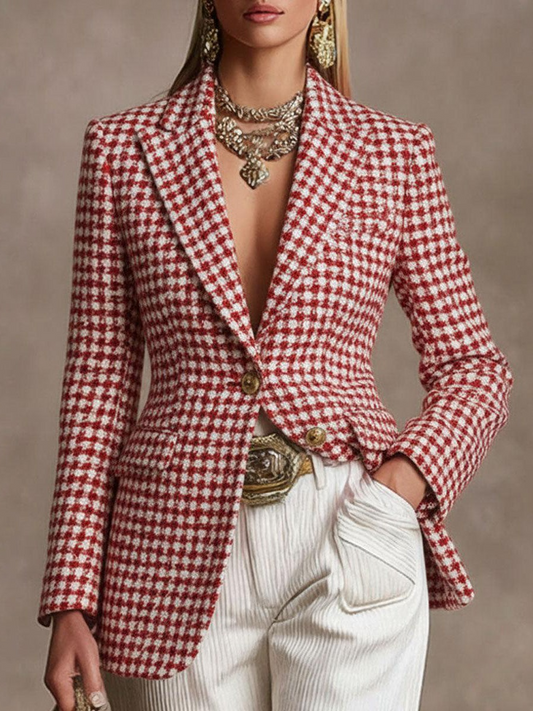 Glamorous Red Houndstooth Blazer With Statement Style