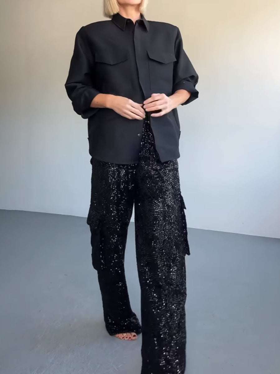 Sequined High Waist Pockets Pants