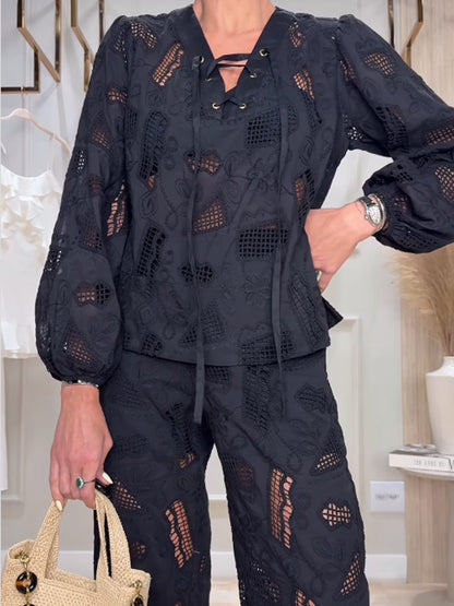 Lace See-through V Neck Two Pieces Set