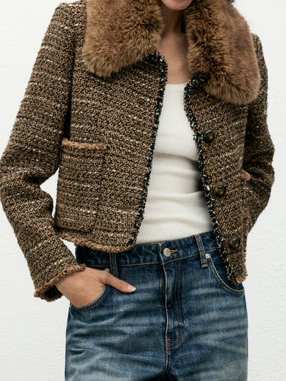 Detachable Fur Effect Collar Tweed Jacket